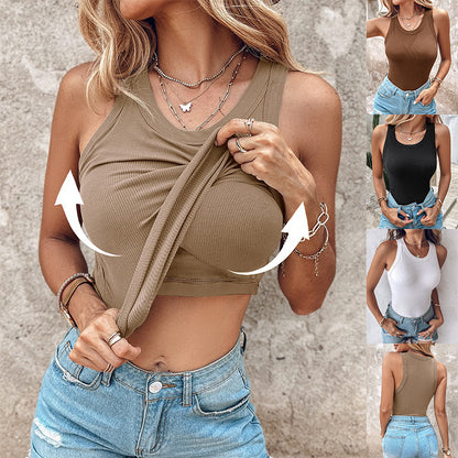 Ins Round Neck Vest With Bra Summer Solid Color Bottom Sleeveless Tops Women's Clothing
